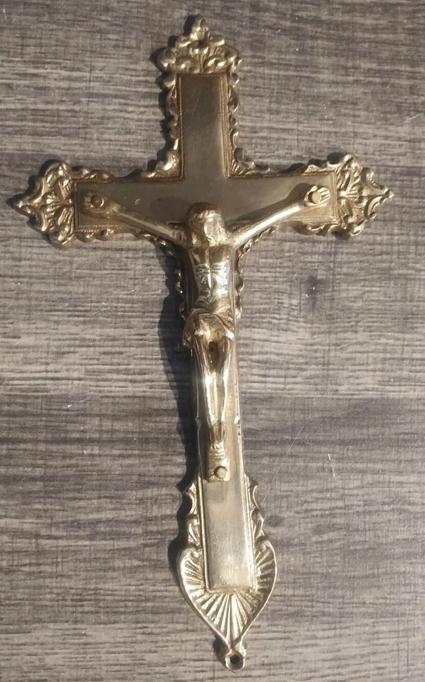 Vintage Brass Crucifix Cross Religious Jesus Christ Wall Hanging 9” Tall India